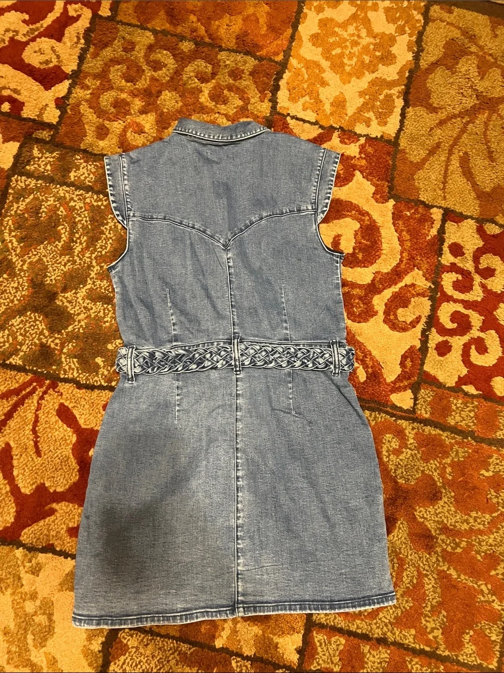 Denim Zip-Front Girls Dress with Braided Belt - Light Blue